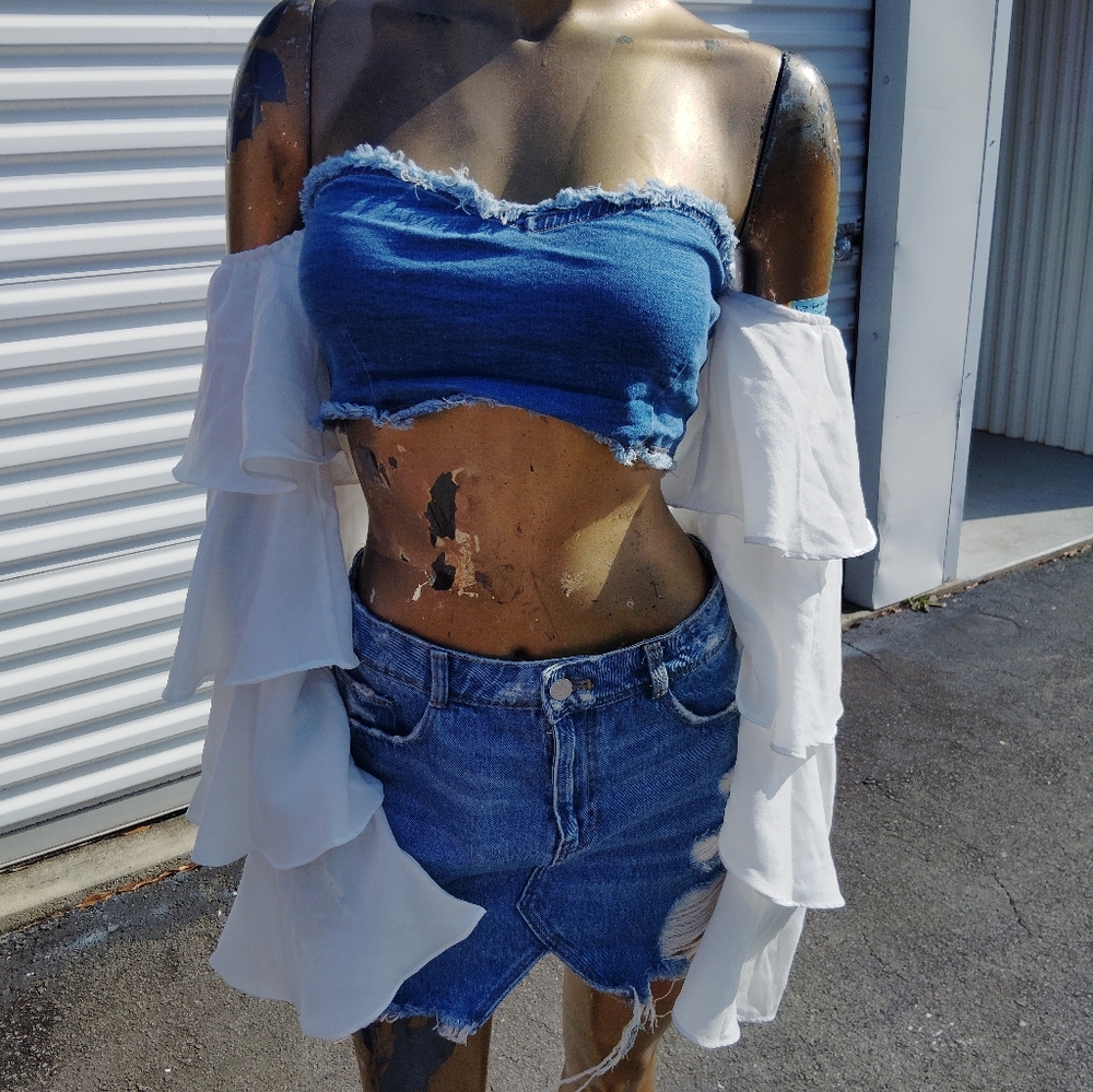 Stylish Denim and White Ruffle Women's Top